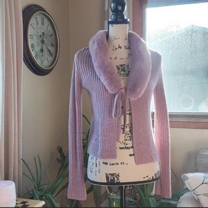 Dusty Purple Faux Fur Trim Tie Front Cardigan Medium